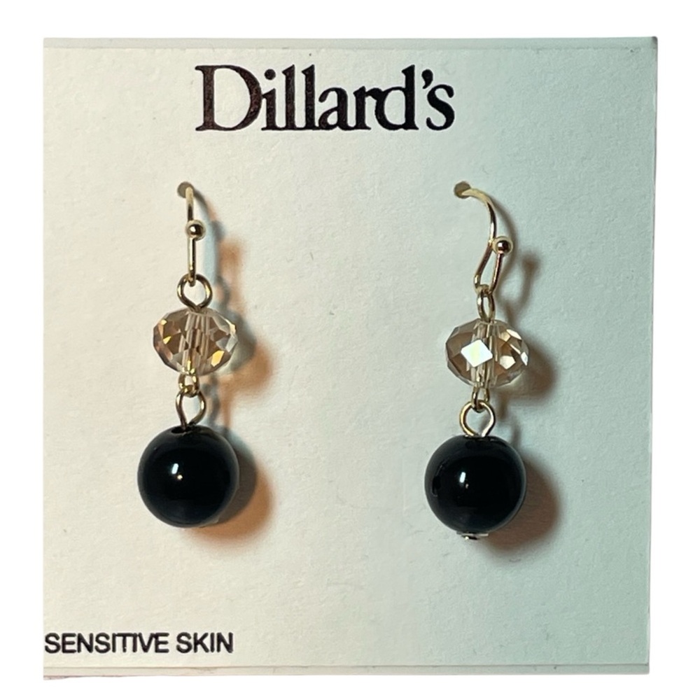 🆕 Dillard’s Crystal and Black Bead Gold-tone Dangle Earrings NWT